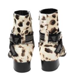 Amiri Brown/Cream Leopard Print Calf Hair Moto Chain Leo Ankle Boots Size 40
