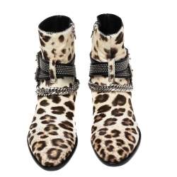 Amiri Brown/Cream Leopard Print Calf Hair Moto Chain Leo Ankle Boots Size 40