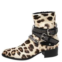 Amiri Brown/Cream Leopard Print Calf Hair Moto Chain Leo Ankle Boots Size 40