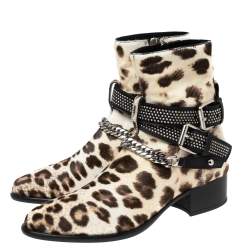 Amiri Brown/Cream Leopard Print Calf Hair Moto Chain Leo Ankle Boots Size 40