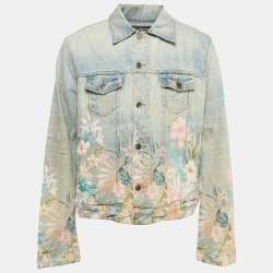 Pre Owned Amiri Blue Floral Print Distressed Denim Jacket XXL