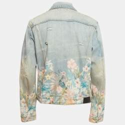 Pre Owned Amiri Blue Floral Print Distressed Denim Jacket XXL