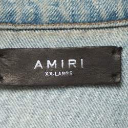 Pre Owned Amiri Blue Floral Print Distressed Denim Jacket XXL