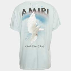 Pre Owned Amiri Sky Blue Rainbow Dove Print Cotton Crew Neck T-Shirt L