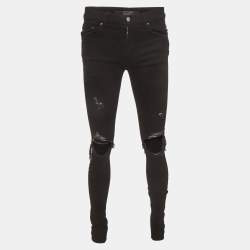 Pre Owned Amiri Black Striped Distressed Stretch Denim Skinny Jeans S/Waist 30" 