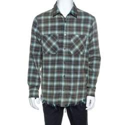 Amiri Green And Brown Faded Plaid Cotton Raw Edged Shirt L