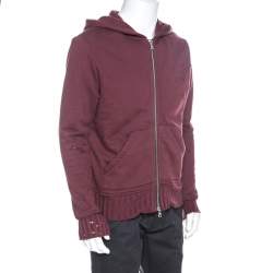 Pre Owned Amiri Burgundy Knit Distressed Zip Front Shotgun Hoodie S
