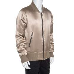 Pre Owned Amiri Dark Beige Silk Rib Knit Trim Zip Front Bomber Jacket L