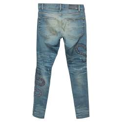Pre Owned Amiri Blue Light Wash Denim Snake Embroidery Detail Distressed Jeans S