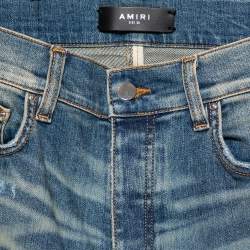 Pre Owned Amiri Blue Denim Muddy Effect Distressed Slim Fit Biker Jeans S