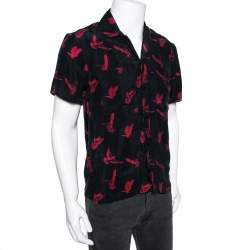 Pre Owned Amiri Black Dove Printed Satin Short Sleeve Shirt S