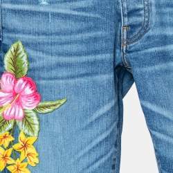 Pre Owned Amiri Indigo Rosebowl Denim Floral Applique Distressed Jeans XS