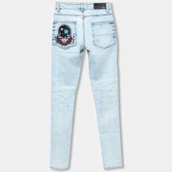 Amiri Blue Distressed Patchwork Denim Dancing Bear Embroidered Jeans XS
