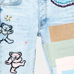 Amiri Blue Distressed Patchwork Denim Dancing Bear Embroidered Jeans XS