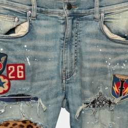 Amiri Blue Distressed Denim Patch Applique Detailed Slim Fit Jeans M 