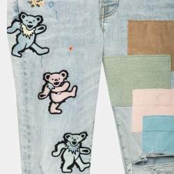 Amiri Blue Distressed Patchwork Denim Dancing Bear Embroidered Jeans M