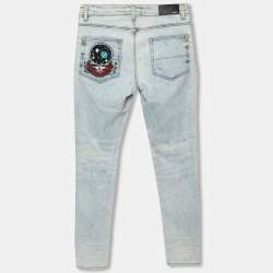 Amiri Blue Distressed Patchwork Denim Dancing Bear Embroidered Jeans M