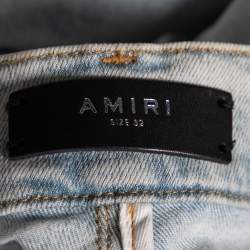 Amiri Blue Distressed Patchwork Denim Dancing Bear Embroidered Jeans M