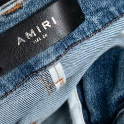 Pre Owned Amiri Blue Distressed Denim Ribbed Leather Inset Slim Fit Jeans XS