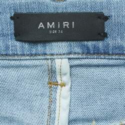 Pre Owned Amiri Blue Paint Splattered Denim Ribbed Jeans L Waist 34''