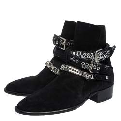 Pre Owned Amiri Black Suede Bandana Buckle Ankle Boots Size 42