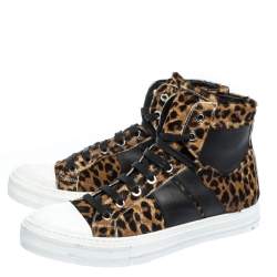Pre Owned Amiri Brown/Black Leopard Print Calfhair and Leather Sunset High Top Sneakers Size 40