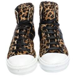 Pre Owned Amiri Brown/Black Leopard Print Calfhair and Leather Sunset High Top Sneakers Size 40
