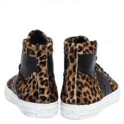 Pre Owned Amiri Brown/Black Leopard Print Calfhair and Leather Sunset High Top Sneakers Size 40