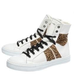 Amiri White/Brown Leather and Leopard Print Calfhair Sunset High Top Sneakers Size 42
