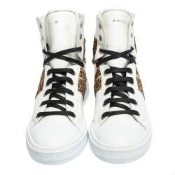 Amiri White/Brown Leather and Leopard Print Calfhair Sunset High Top Sneakers Size 42