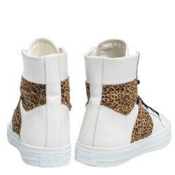 Amiri White/Brown Leather and Leopard Print Calfhair Sunset High Top Sneakers Size 42