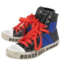 Amiri Black/Blue Leather And Glitter Sunset Lace High Top Sneakers Size 42
