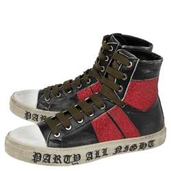 Amiri Black/Red Glitter And Leather Sunset Lace High Top Sneakers Size 42