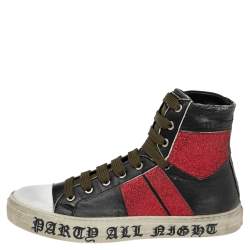 Amiri Black/Red Glitter And Leather Sunset Lace High Top Sneakers Size 42