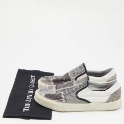 Amiri Grey/White Printed Canvas and Leather Slip on Sneakers Size 43