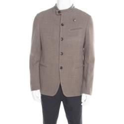 Pre Owned Armani Collezioni Brown and Grey Textured Wool Mandarin Collar Blazer XL