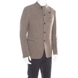 Pre Owned Armani Collezioni Brown and Grey Textured Wool Mandarin Collar Blazer XL