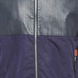 Pre Owned Armani Collezioni Blue Perforate Leather and Cotton Zip-Up Jacket XL