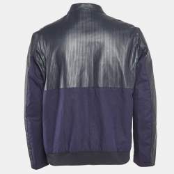 Pre Owned Armani Collezioni Blue Perforate Leather and Cotton Zip-Up Jacket XL