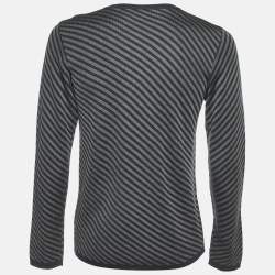 Armani Collezioni Grey Diagonal Striped Wool V-Neck Jumper L