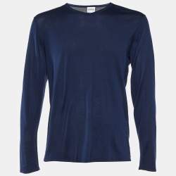 Armani Collezioni Navy Blue Silk & Camel Knit V-Neck Sweater M