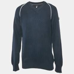 Armani Collezioni Navy Blue Cotton Knit V-Neck Jumper XXL