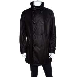 Pre Owned Armani Collezioni Black Faux Leather Shearling Lined Hooded Overcoat XXL