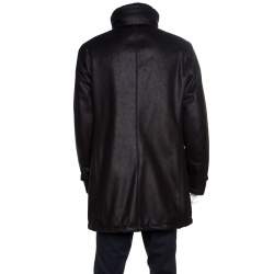 Pre Owned Armani Collezioni Black Faux Leather Shearling Lined Hooded Overcoat XXL
