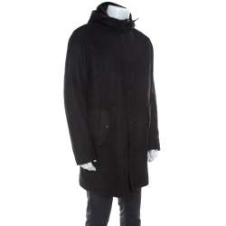 Armani Collezioni Dark Grey Wool and Fur Hooded Collar Detail Coat XXL 