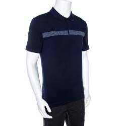 Pre Owned Armani Collezioni Navy Blue Knit Stripe Detail Polo T-Shirt XL