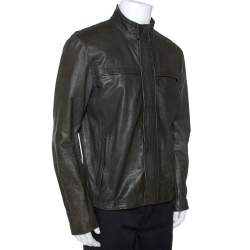 مملوكة مسبقًا جاكيت أرماني كوليزوني جلد نابا أخضر داكن مقاس كبير جداً (اكس لارج)