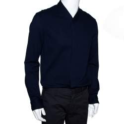 Pre Owned Armani Collezioni Navy Blue Cotton Long Sleeve Collarless Shirt L