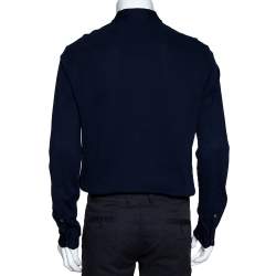 Pre Owned Armani Collezioni Navy Blue Cotton Long Sleeve Collarless Shirt L