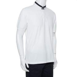 Pre Owned تي شيرت أرماني كوليزوني مزين ياقة متباينة بيكيه قطن أبيض مقاس كبير جداً جداً (اكس اكس لارج)